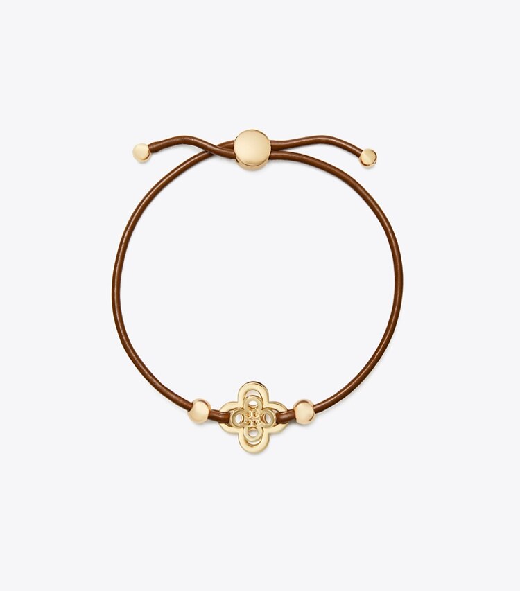 Tory Burch designer bracelets Kira Clover Slider Bracelet in Tory Gold / Cuoio front