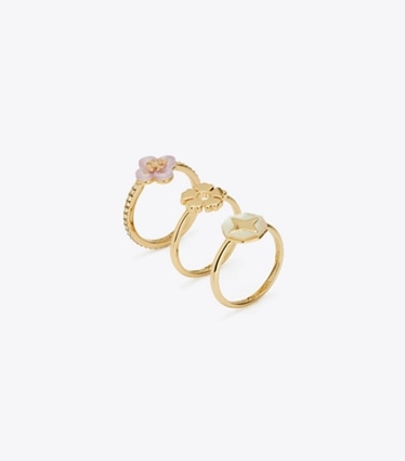 Tory Burch designer rings Kira Clover Stacking Ring Set in Tory Gold / Mother of Pearl / Crystal angle