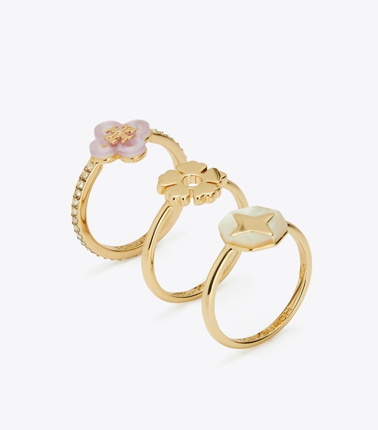 Tory Burch designer rings Kira Clover Stacking Ring Set in Tory Gold / Mother of Pearl / Crystal angle