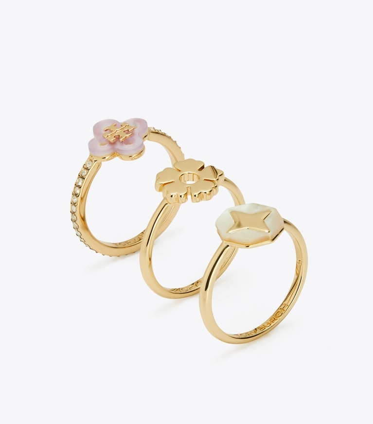 Tory Burch designer rings Kira Clover Stacking Ring Set in Tory Gold / Mother of Pearl / Crystal angle