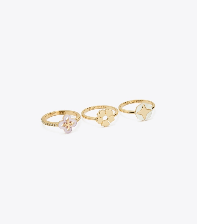 Tory Burch designer rings Kira Clover Stacking Ring Set in Tory Gold / Mother of Pearl / Crystal detail