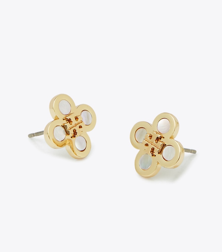 Tory Burch designer earrings Kira Clover Stud Earring in Tory Gold / Mother of Pearl detail
