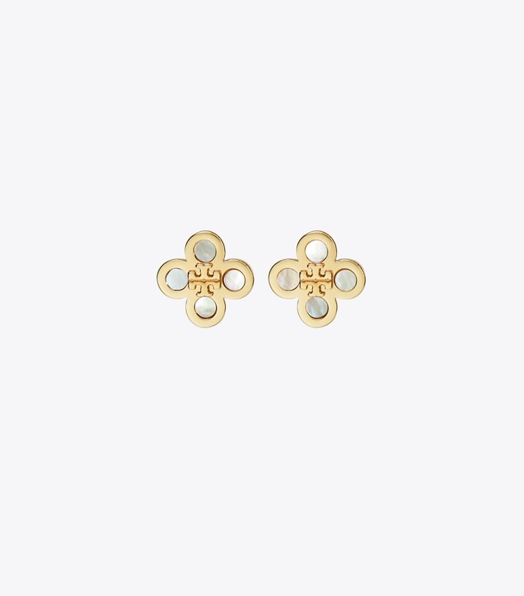 Tory Burch designer earrings Kira Clover Stud Earring in Tory Gold / Mother of Pearl front