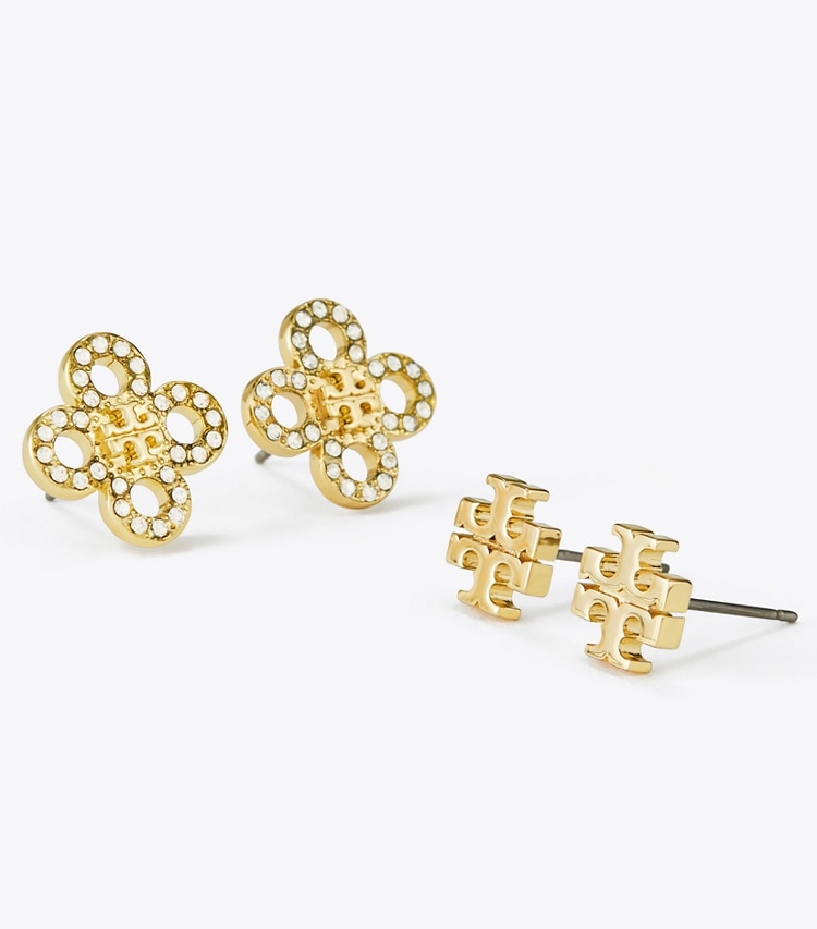 Tory Burch designer jewelry boxes Kira Clover Stud Earring Gift Set in Tory Gold / Crystal detail