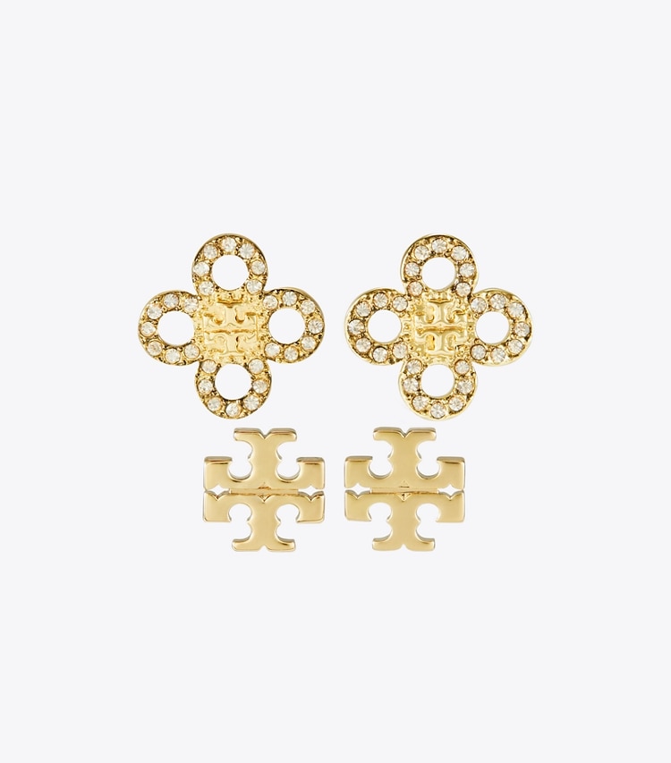 Tory Burch designer jewelry boxes Kira Clover Stud Earring Gift Set in Tory Gold / Crystal front main
