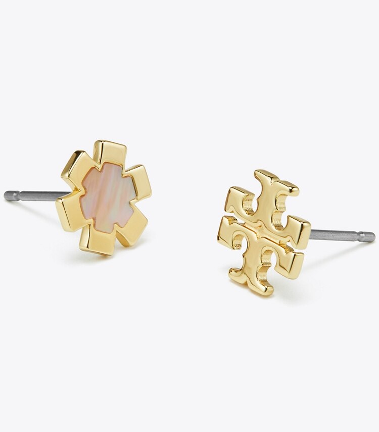 Tory Burch designer earrings Kira Clover Stud Earring Set in Tory Gold / Mother of Pearl detail