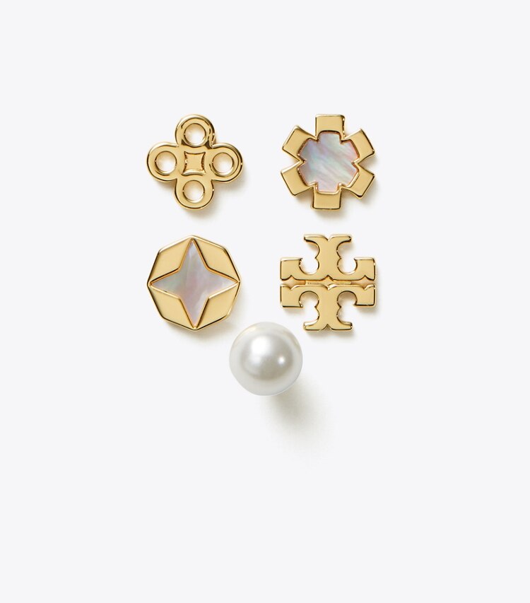 Tory Burch designer earrings Kira Clover Stud Earring Set in Tory Gold / Mother of Pearl front
