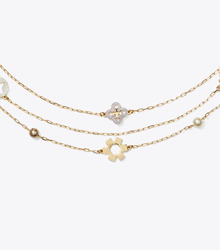 Tory Burch designer necklaces Kira Clover Triple-Strand Necklace in Tory Gold / Pearl / Mother of Pearl detail