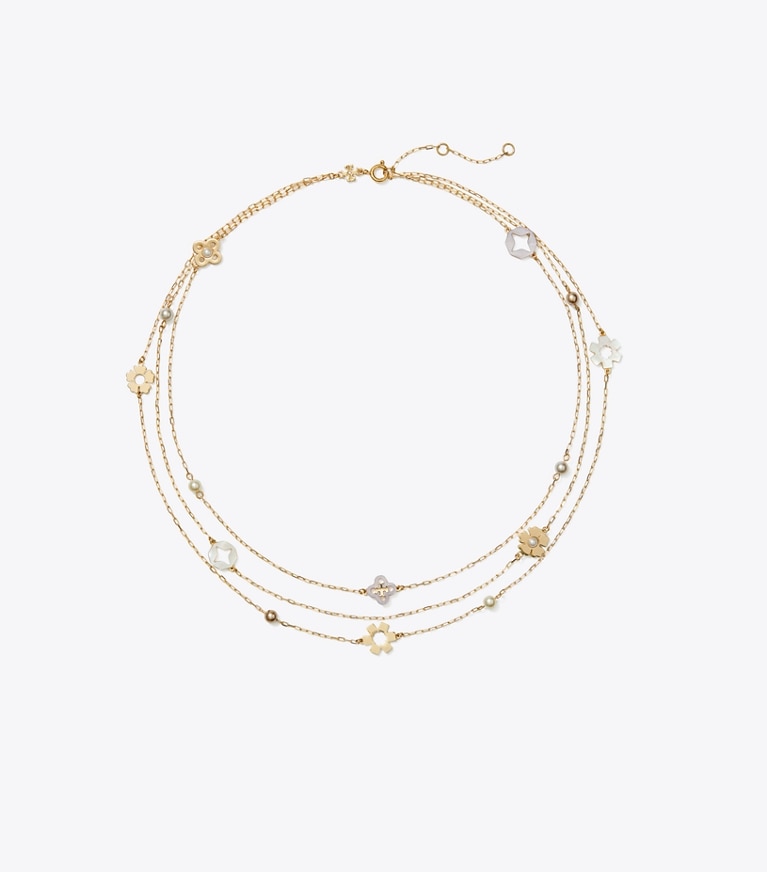 Tory Burch designer necklaces Kira Clover Triple-Strand Necklace in Tory Gold / Pearl / Mother of Pearl front