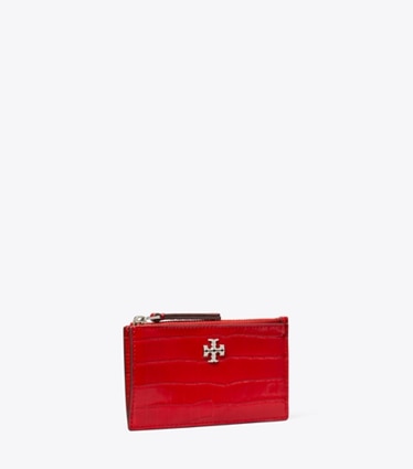 Tory Burch designer card cases Kira Croc-Embossed Zip Card Case in Red Sky angle