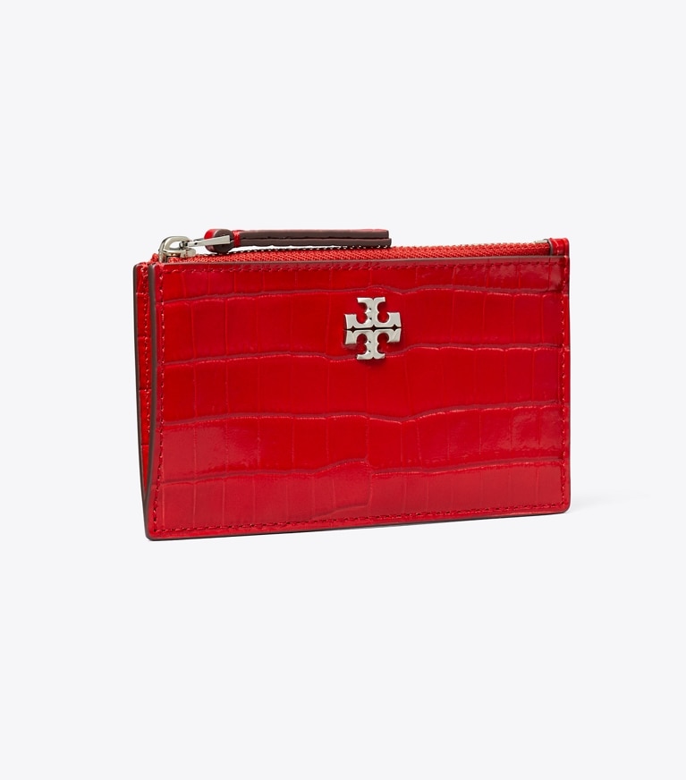 Tory Burch designer card cases Kira Croc-Embossed Zip Card Case in Red Sky angle
