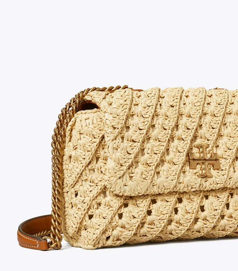Tory Burch designer shoulder bags Kira Crochet Small Convertible Shoulder Bag in Natural / Classic Cuoio angle