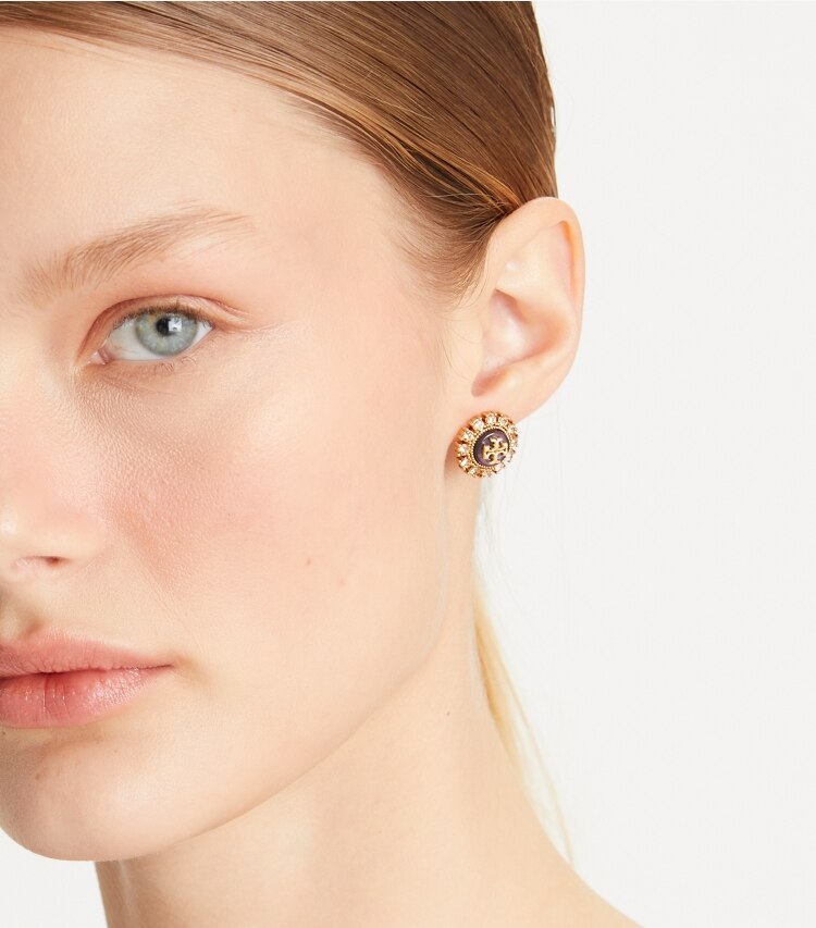 Tory Burch designer earrings Kira Crystal Stud Earring in Antique Brass/ Purple Multi accessory on model