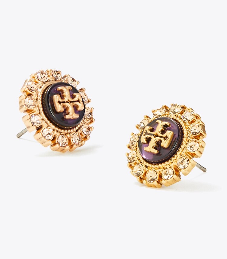 Tory Burch designer earrings Kira Crystal Stud Earring in Antique Brass/ Purple Multi detail