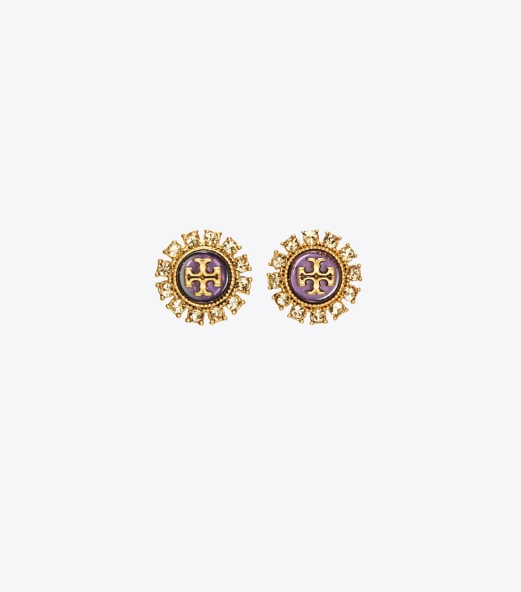 Tory Burch designer earrings Kira Crystal Stud Earring in Antique Brass/ Purple Multi front