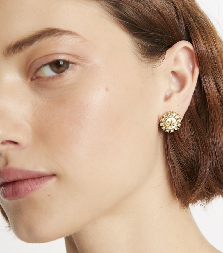 Tory Burch designer イヤリング＆ピアス キラ クリスタル スタッズ ピアス in Tory Gold / MOP / Crystal front