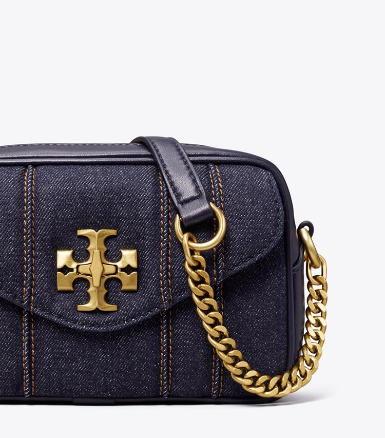 Tory Burch designer crossbody bags Kira Denim Mini Camera Bag in Tory Navy detail