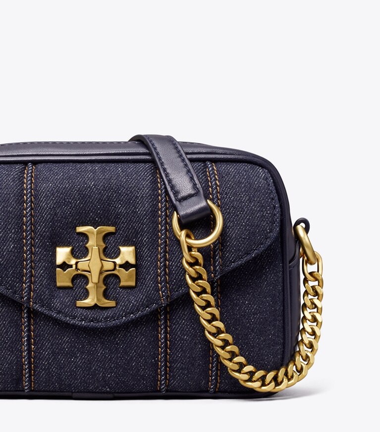 Tory Burch designer crossbody bags Kira Denim Mini Camera Bag in Tory Navy angle