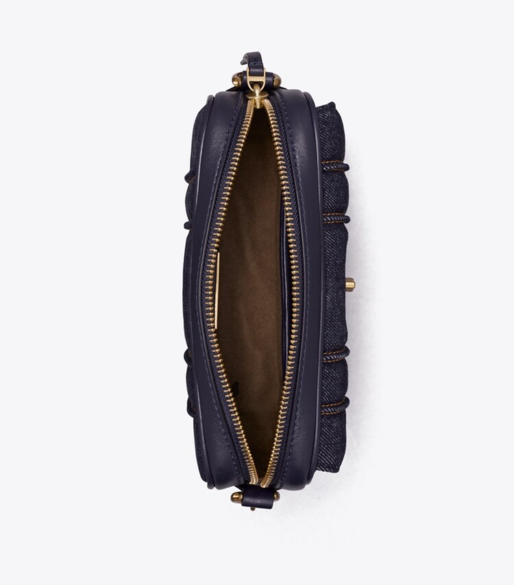 Tory Burch designer crossbody bags Kira Denim Mini Camera Bag in Tory Navy overhead
