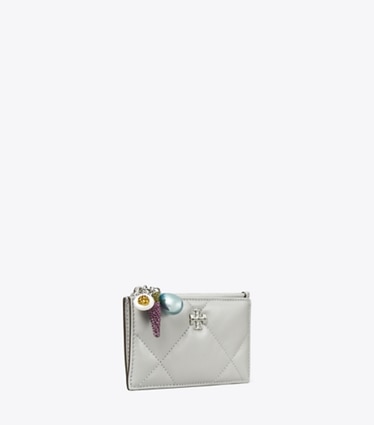 Tory Burch designer card cases Kira Diamond Quilt Charm Zip Card Case in Gray angle