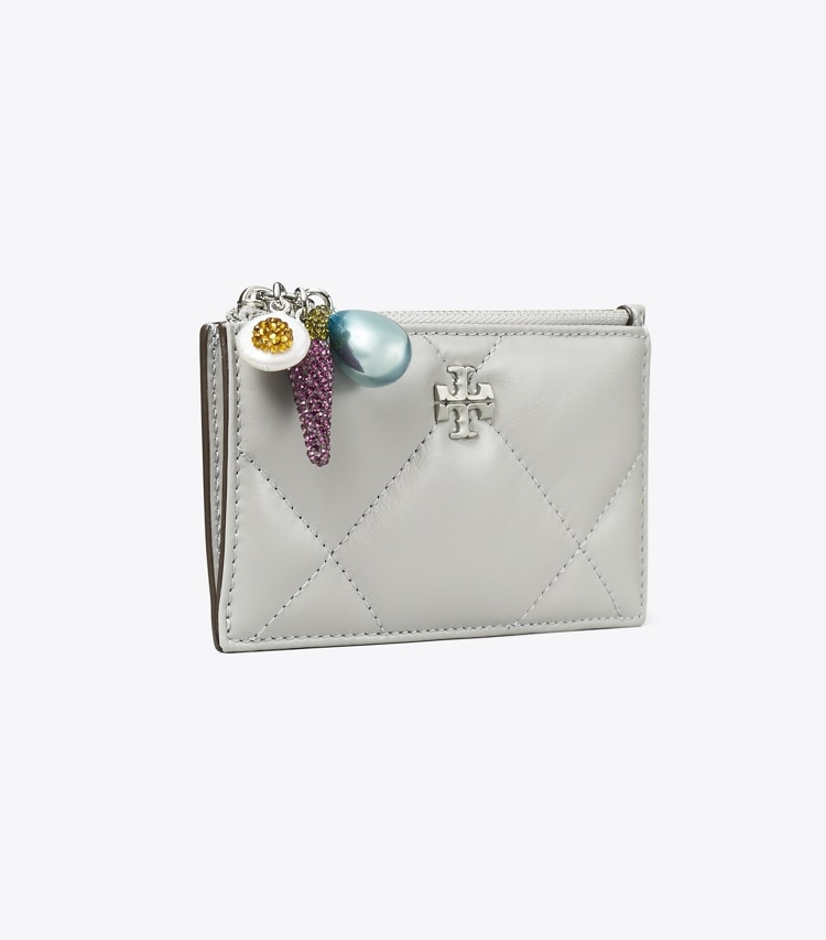 Tory Burch designer card cases Kira Diamond Quilt Charm Zip Card Case in Gray angle