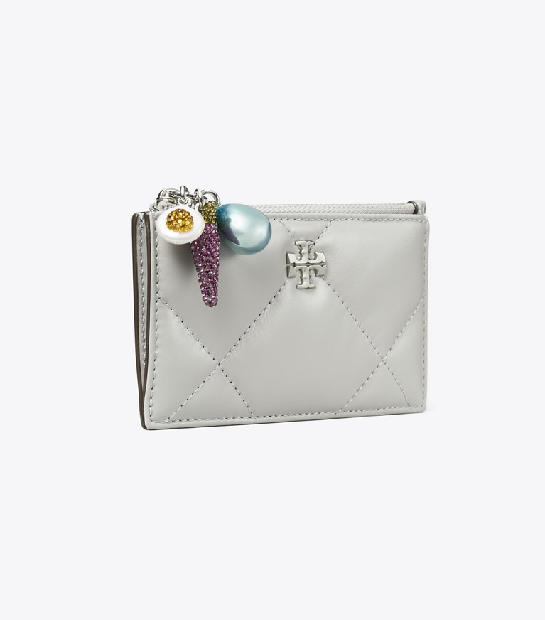 Tory Burch designer card cases Kira Diamond Quilt Charm Zip Card Case in Gray angle