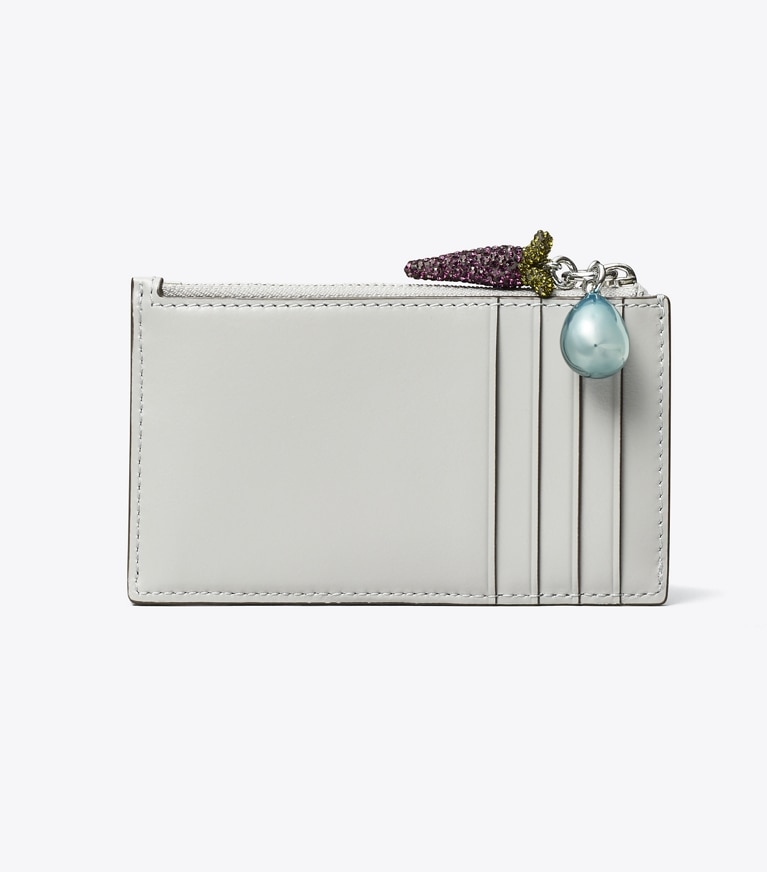 Tory Burch designer card cases Kira Diamond Quilt Charm Zip Card Case in Gray angle