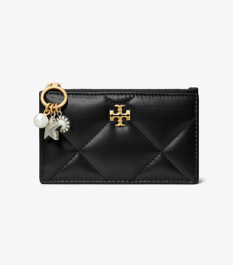 Tory Burch designer card cases Kira Diamond Quilt Charm Zip Card Case in Black front