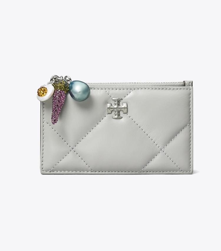 Tory Burch designer card cases Kira Diamond Quilt Charm Zip Card Case in Gray front