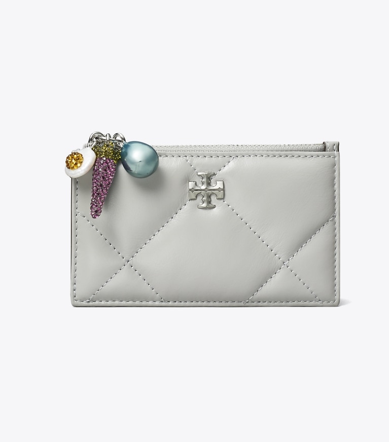 Tory Burch designer card cases Kira Diamond Quilt Charm Zip Card Case in Gray angle