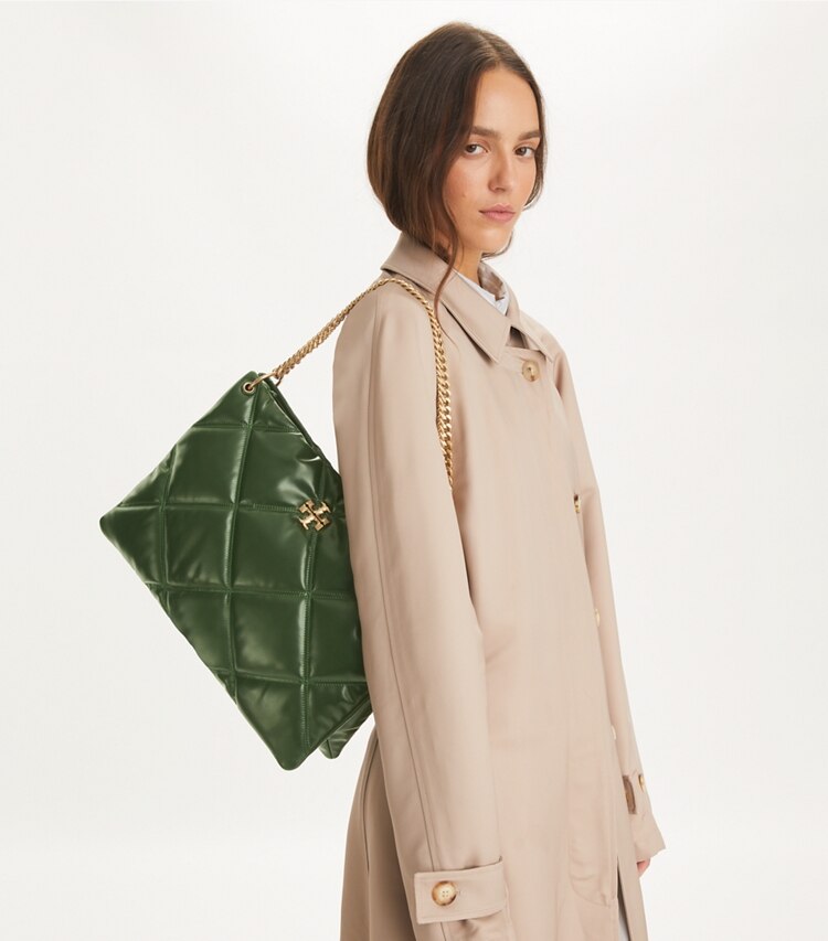 Tory Burch designer hobo bags Kira Diamond Quilt Contrast Stitch Shoulder Bag in Basil accessory on model