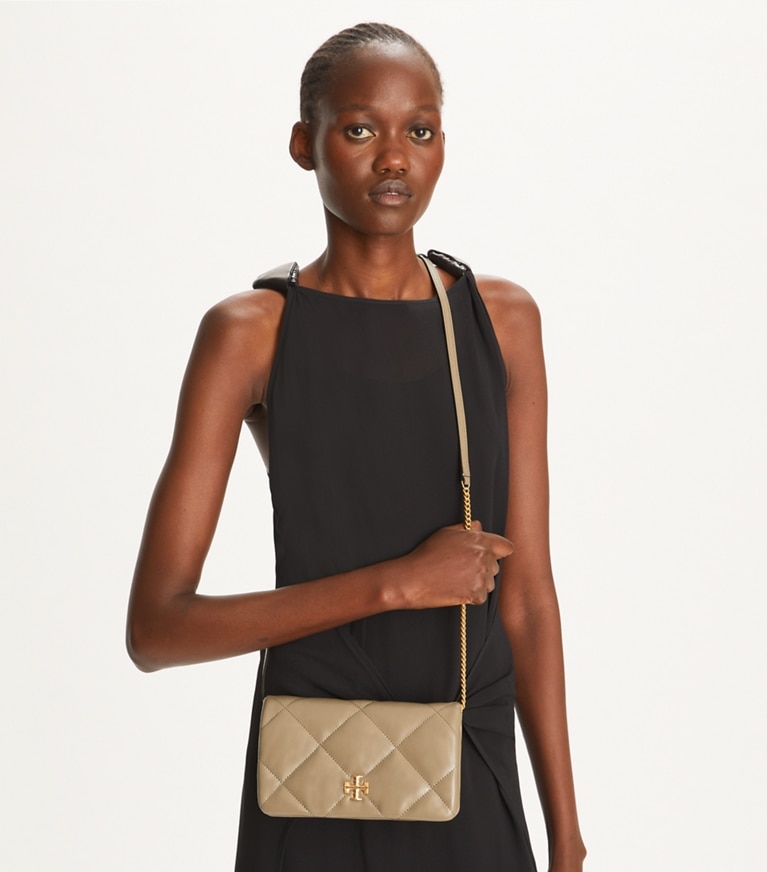 Tory Burch designer mini bags Kira Diamond Quilt Crossbody in Taupe Oak angle