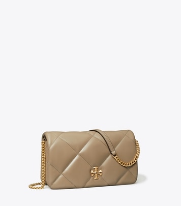 Tory Burch designer mini bags Kira Diamond Quilt Crossbody in Taupe Oak angle