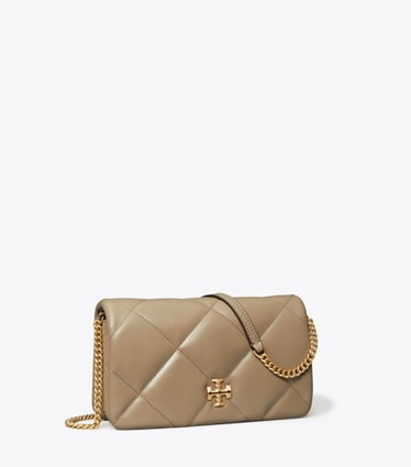 Tory Burch designer mini bags Kira Diamond Quilt Crossbody in Taupe Oak angle