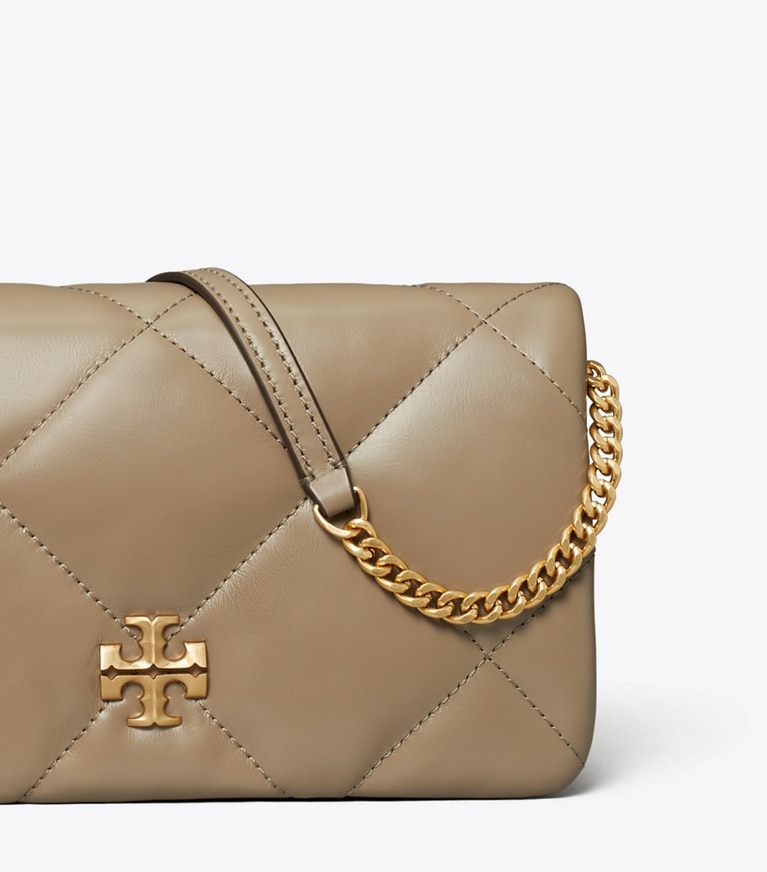 Tory Burch designer mini bags Kira Diamond Quilt Crossbody in Taupe Oak angle