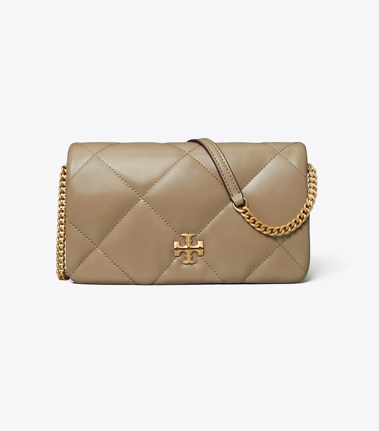 Tory Burch designer mini bags Kira Diamond Quilt Crossbody in Taupe Oak front
