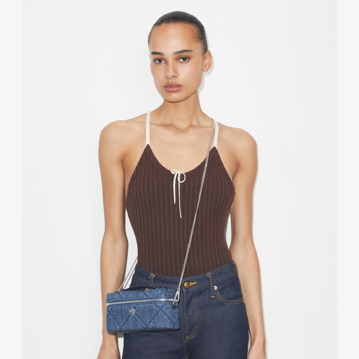 Kira Diamond Quilt Denim Vanity Case: Women's Designer Crossbody