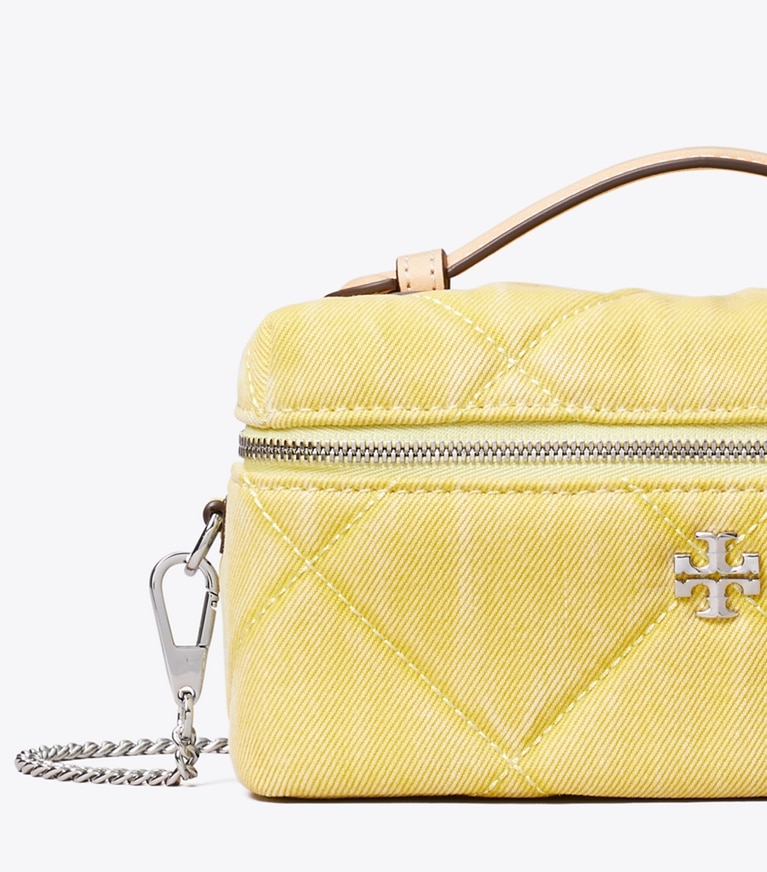 Tory Burch designer mini bags Kira Diamond Quilt Denim Vanity Case in Yellow detail