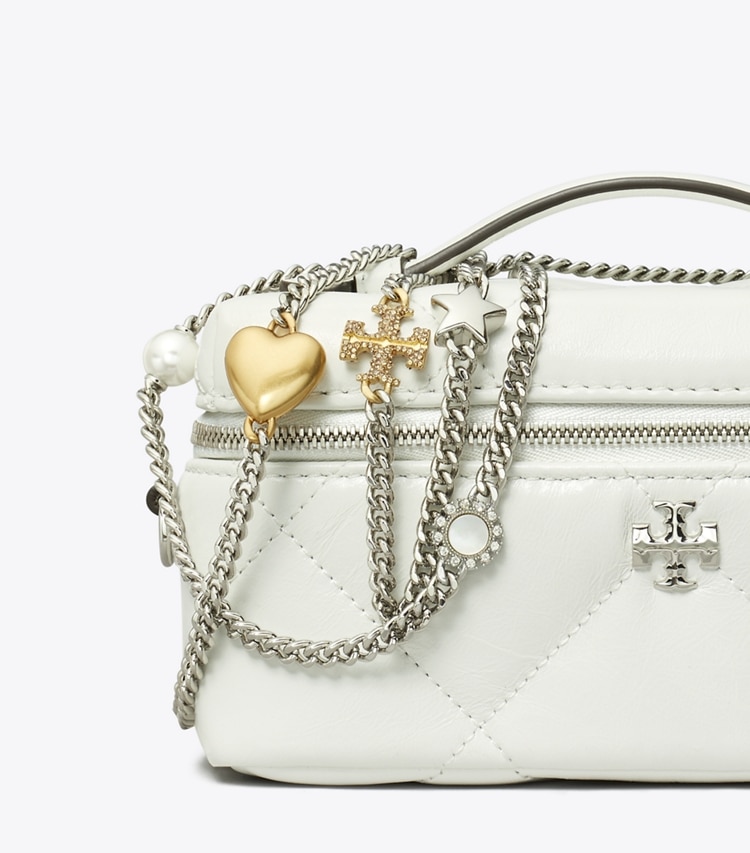 Tory Burch designer mini bags Kira Diamond Quilt Distressed Charm Vanity Case in Blanc detail