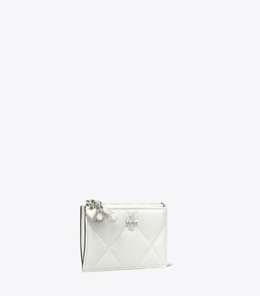 Tory Burch designer card cases Kira Diamond Quilt Distressed Charm Zip Card Case in Blanc angle