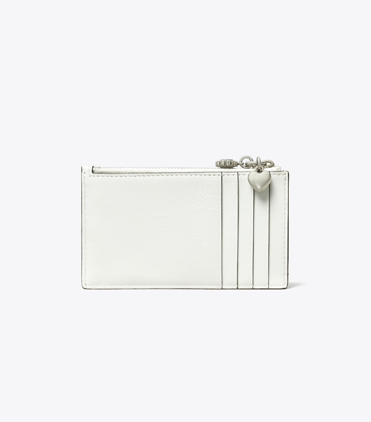 Tory Burch designer card cases Kira Diamond Quilt Distressed Charm Zip Card Case in Blanc back