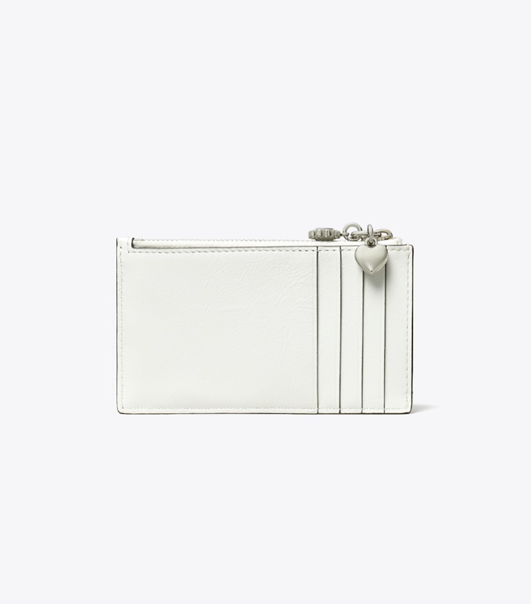 Tory Burch designer card cases Kira Diamond Quilt Distressed Charm Zip Card Case in Blanc angle