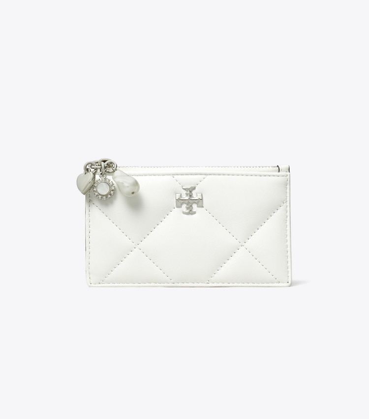 Tory Burch designer card cases Kira Diamond Quilt Distressed Charm Zip Card Case in Blanc front