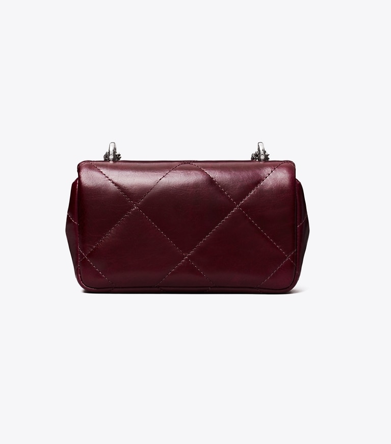 Tory Burch designer crossbody bags Kira Diamond Quilt Distressed Mini Flap Bag in Dark Carmine angle