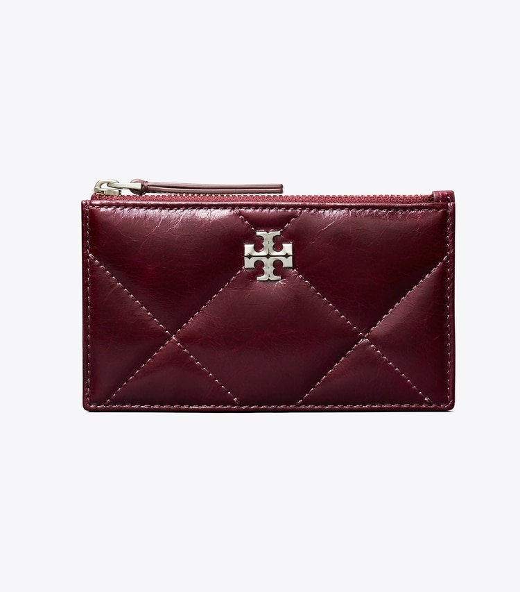 Tory Burch designer card cases Kira Diamond Quilt Distressed Zip Card Case in Dark Carmine front