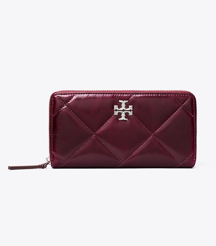 Tory Burch designer wallets Kira Diamond Quilt Distressed Zip Continental Wallet in Dark Carmine front