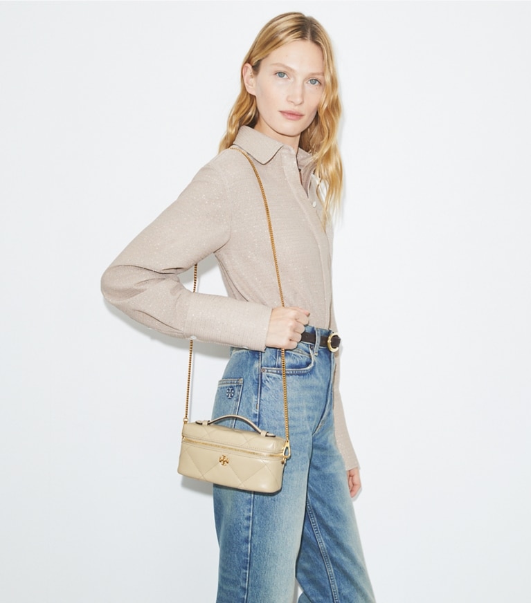 Tory Burch designer mini bags Kira Diamond Quilt East-West Vanity Case in Light Stone angle