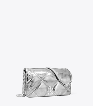 Tory Burch designer mini bags Kira Diamond Quilt Metallic Crossbody in Silver angle