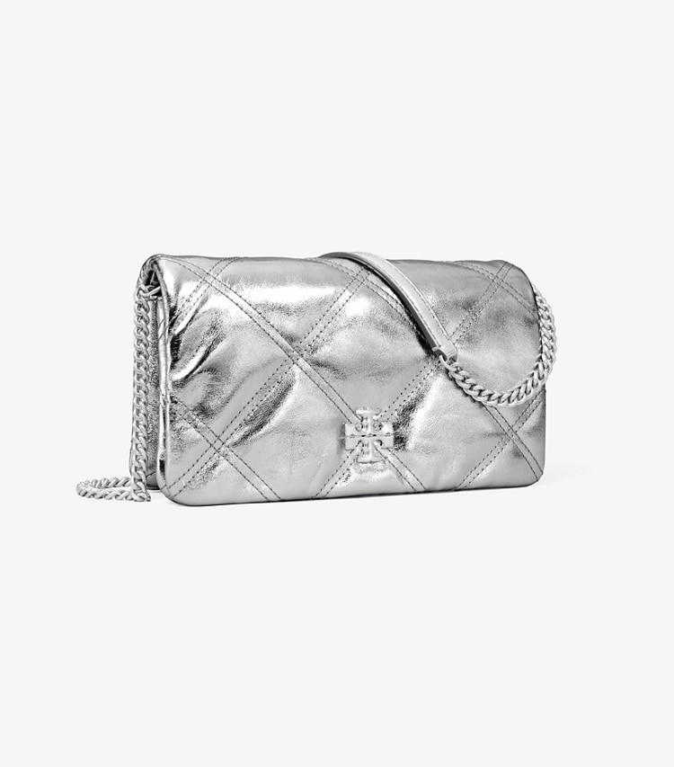Tory Burch designer mini bags Kira Diamond Quilt Metallic Crossbody in Silver angle