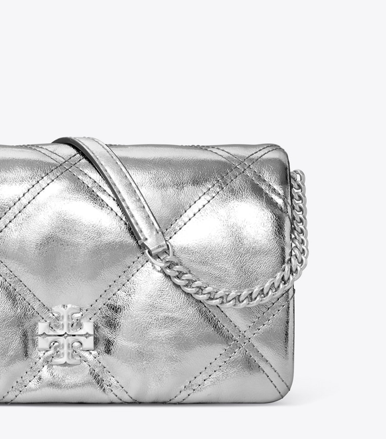 Tory Burch designer mini bags Kira Diamond Quilt Metallic Crossbody in Silver detail